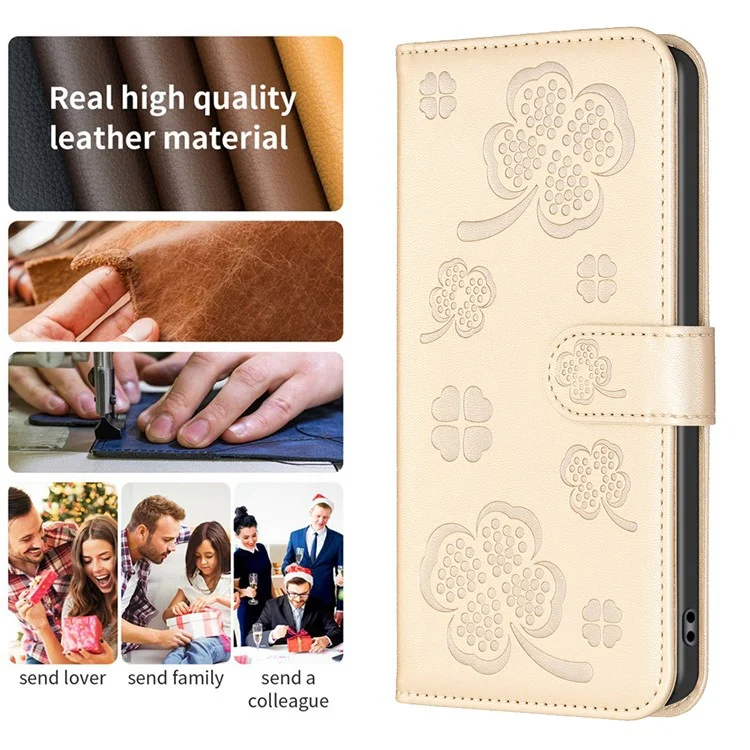 For Xiaomi Redmi 13C 4G / 13C 5G / 13R 5G / Poco M6 5G / Poco C65 4G Leather Phone Case Clover Pattern Stand Magnetic Closure Cover - Gold