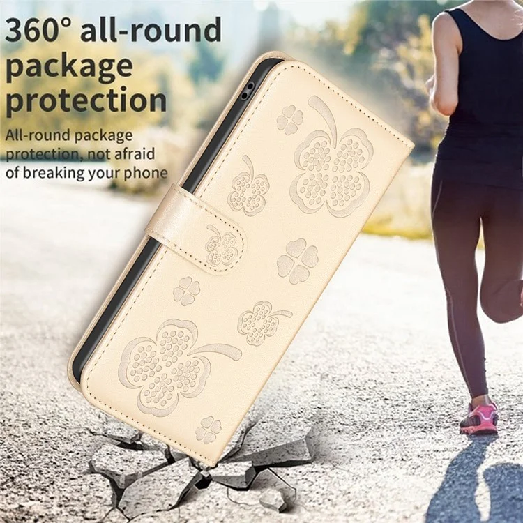 For Xiaomi Redmi 13C 4G / 13C 5G / 13R 5G / Poco M6 5G / Poco C65 4G Leather Phone Case Clover Pattern Stand Magnetic Closure Cover - Gold