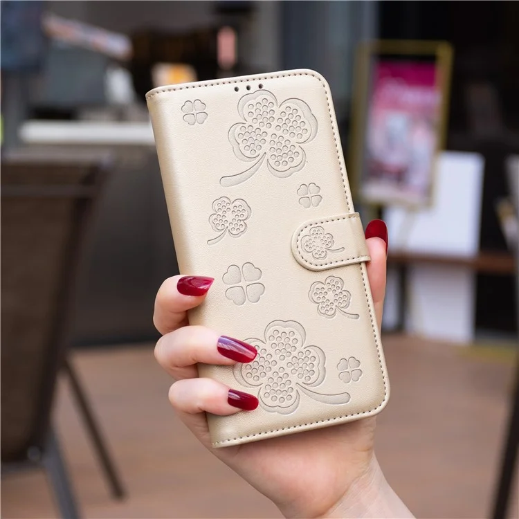 For Xiaomi Redmi 13C 4G / 13C 5G / 13R 5G / Poco M6 5G / Poco C65 4G Leather Phone Case Clover Pattern Stand Magnetic Closure Cover - Gold