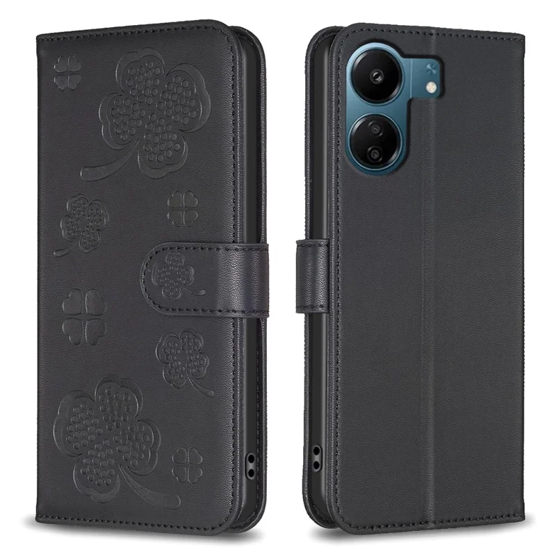 Capa de Telemóvel em Pele com Padrão de Trevo, Suporte e Fecho Magnético - Preto para Xiaomi Redmi 13C 4G / 13C 5G / 13R 5G / Poco M6 5G / Poco C65 4G