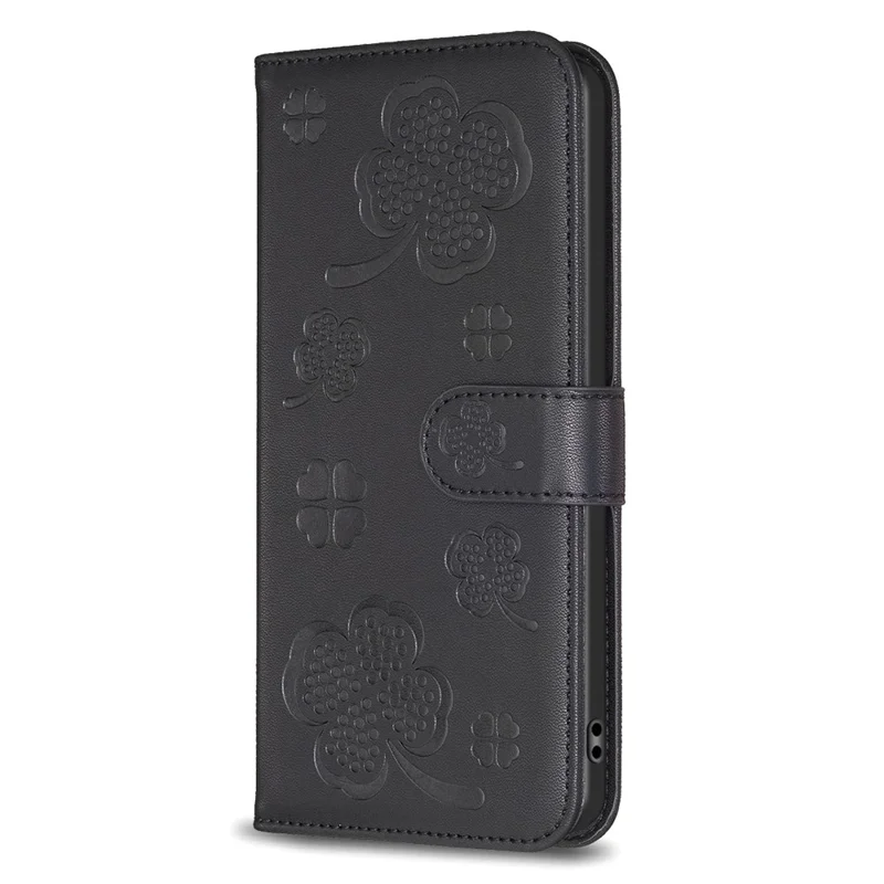 Capa de Telemóvel em Pele com Padrão de Trevo, Suporte e Fecho Magnético - Preto para Xiaomi Redmi 13C 4G / 13C 5G / 13R 5G / Poco M6 5G / Poco C65 4G