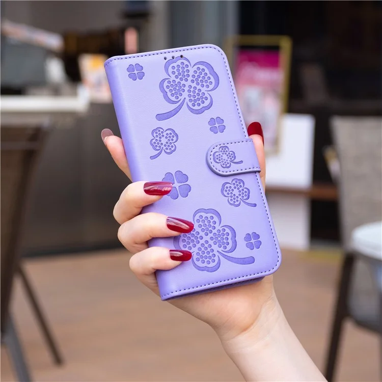 Para Oppo A38 4G / A18 4G Leather Wallet Case Stand Clover Pattern Imprinted Phone Cover - Roxo