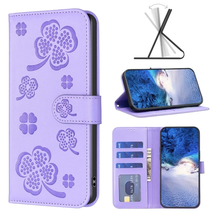 Para Oppo A38 4G / A18 4G Leather Wallet Case Stand Clover Pattern Imprinted Phone Cover - Roxo