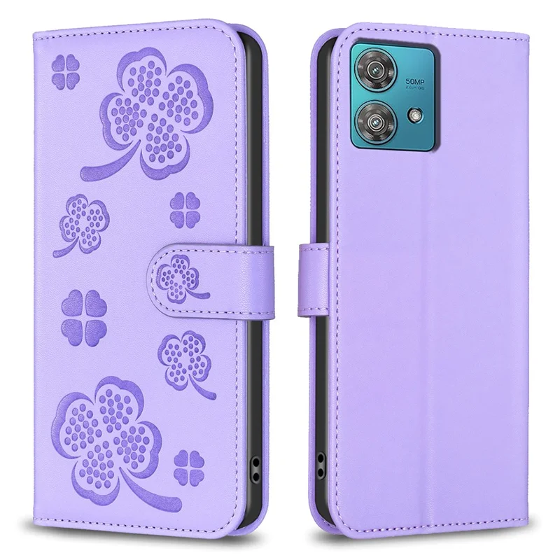 Pour Motorola Edge 40 Neo 5G Clover Pattern Leather Case Magnetic Clasp Stand Flip Phone Cover - Violet
