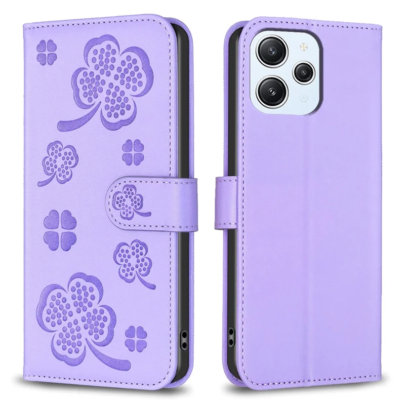 For Xiaomi Redmi 12 4G Wallet Flip Cover PU Leather Clover Imprinted Folio Phone Case - Purple