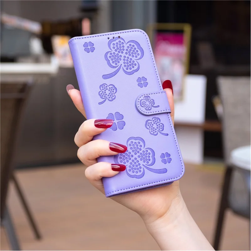 For Xiaomi Redmi 12 4G Wallet Flip Cover PU Leather Clover Imprinted Folio Phone Case - Purple