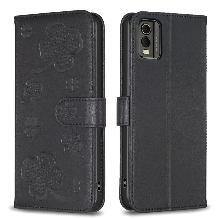 Para Nokia C32 Flip Stand Funda de Piel PU con Estampado de Trébol Cierre Magnético - Negro