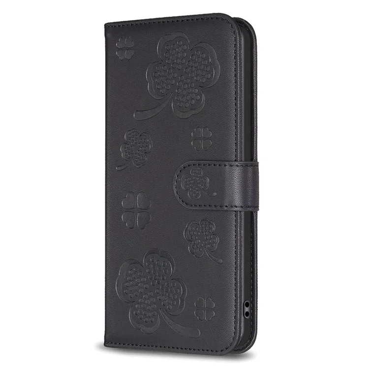 Para Nokia C32 Flip Stand Funda de Piel PU con Estampado de Trébol Cierre Magnético - Negro