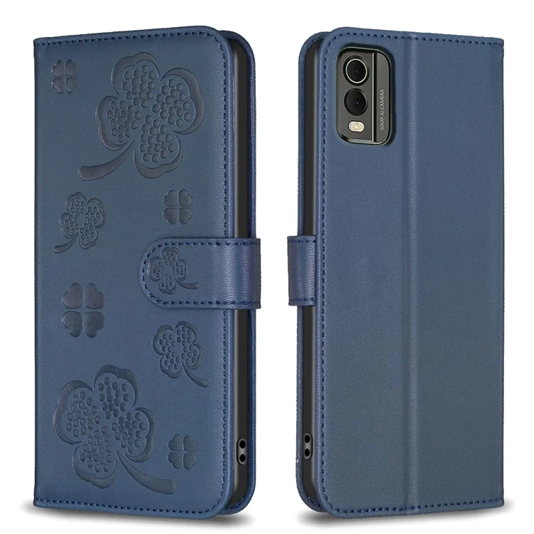 For Nokia C32 Flip Stand PU Leather Case Imprinted Clover Magnetic Clasp Phone Case - Blue