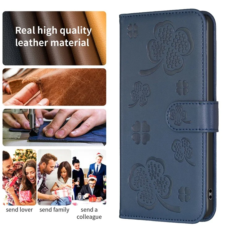 For Nokia C32 Flip Stand PU Leather Case Imprinted Clover Magnetic Clasp Phone Case - Blue