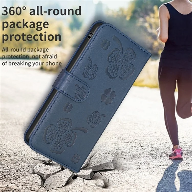 For Nokia C32 Flip Stand PU Leather Case Imprinted Clover Magnetic Clasp Phone Case - Blue