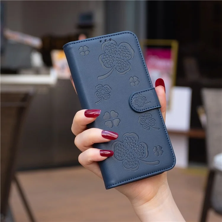 For Nokia C32 Flip Stand PU Leather Case Imprinted Clover Magnetic Clasp Phone Case - Blue
