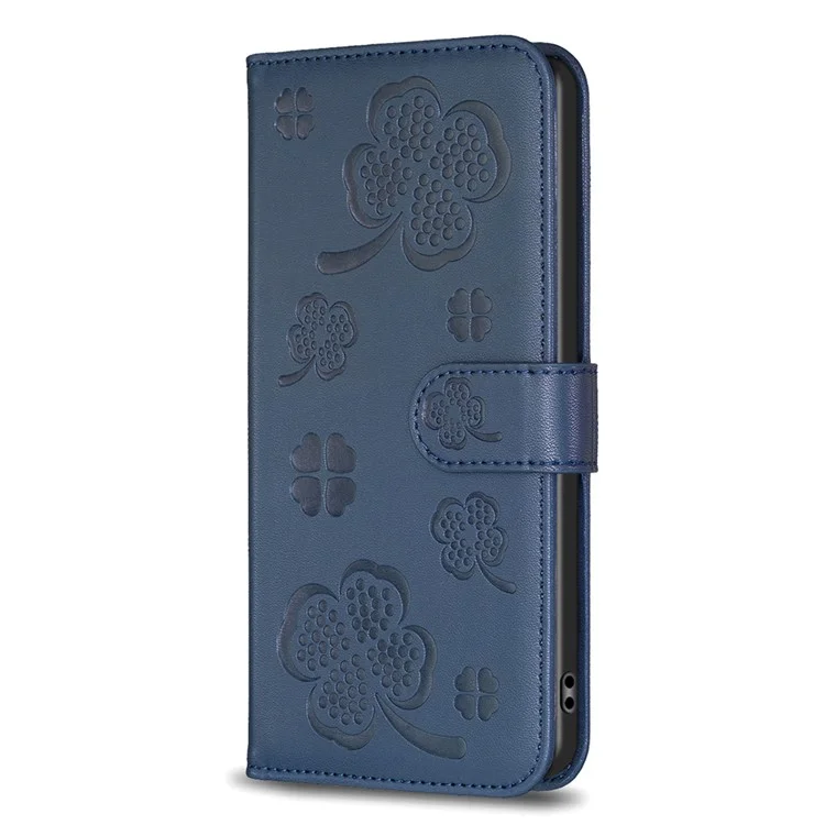 For Nokia C32 Flip Stand PU Leather Case Imprinted Clover Magnetic Clasp Phone Case - Blue