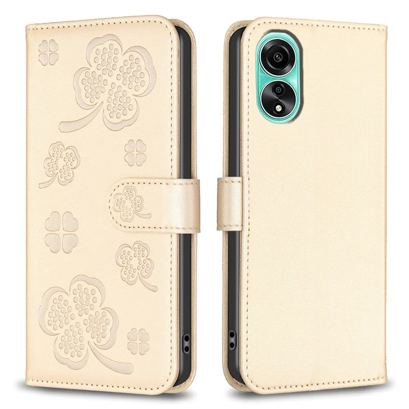 For Oppo A78 4G Wallet Cover PU Leather Clover Imprinted Flip Phone Case - Gold