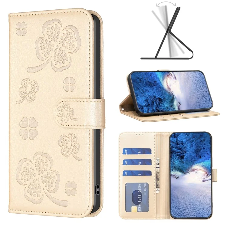 Para Google Pixel 8a Capa de Telefone Caso PU Leather Clover Imprinted Wallet Protection Cover - Ouro