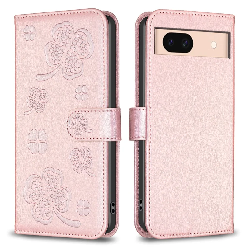 Para Google Pixel 8a Phone Case PU Leather Clover Imprinted Wallet Protection Cover - Pink