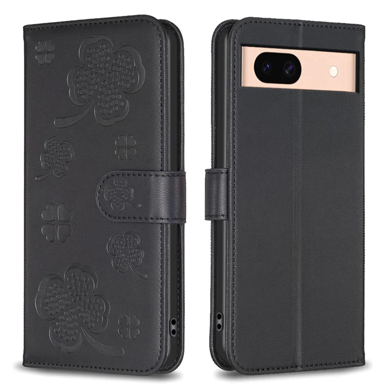 For Google Pixel 8a Phone Case PU Leather Clover Imprinted Wallet Protection Cover - Black