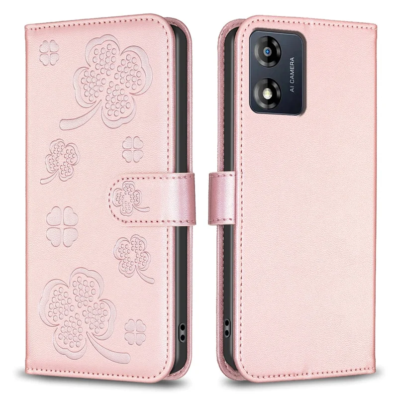 For Motorola Moto E13 4G Phone Case Clover Pattern PU Leather Flip Folio Phone Cover - Pink