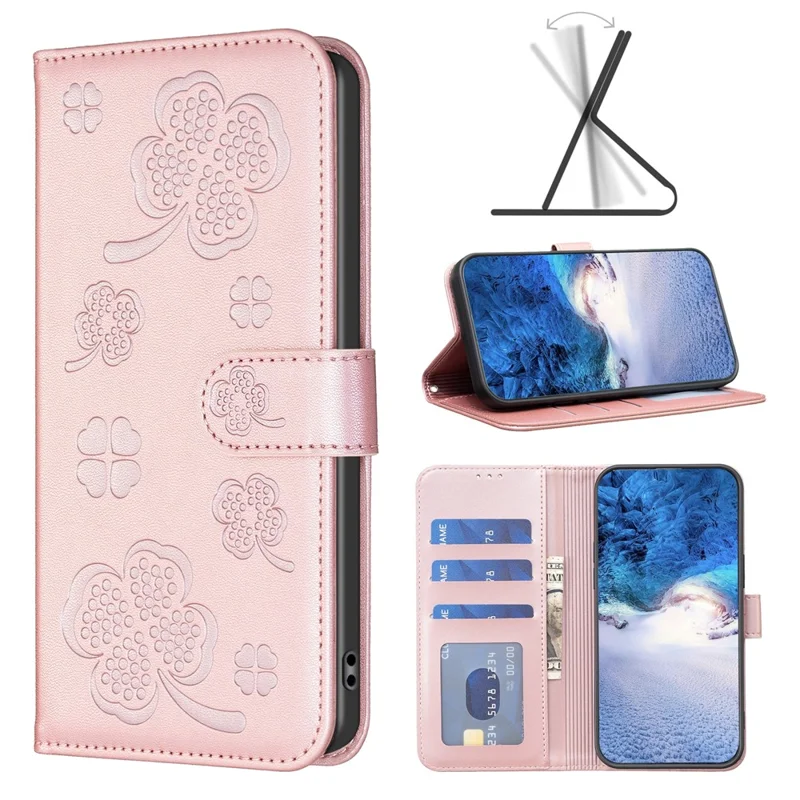 For Motorola Moto E13 4G Phone Case Clover Pattern PU Leather Flip Folio Phone Cover - Pink
