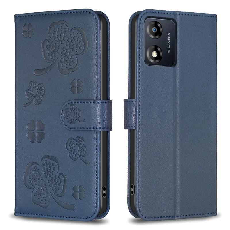 For Motorola Moto E13 4G Phone Case Clover Pattern PU Leather Flip Folio Phone Cover - Blue