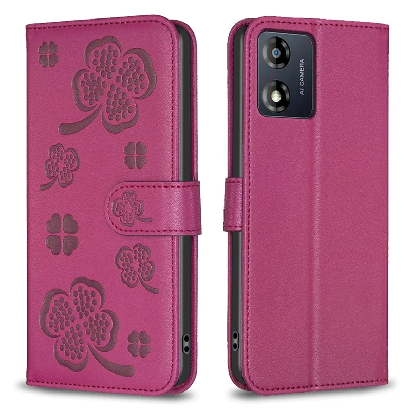 For Motorola Moto E13 4G Phone Case Clover Pattern PU Leather Flip Folio Phone Cover - Rose