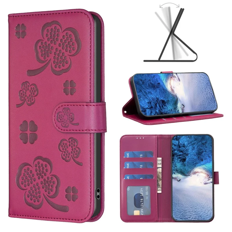 For Motorola Moto E13 4G Phone Case Clover Pattern PU Leather Flip Folio Phone Cover - Rose