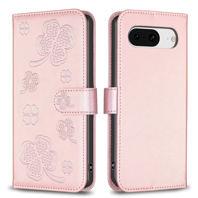 For Google Pixel 8 Clover Leather Case Wallet Flip Folio Phone Cover - Pink
