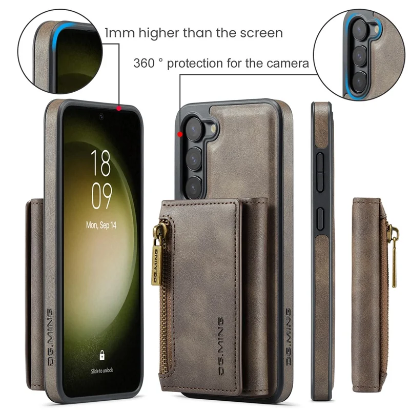 DG.MING M5 Series For Samsung Galaxy S23+ Case Detachable 2-in-1 Wallet Phone Cover - Coffee