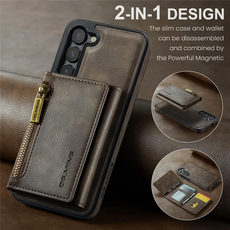 DG.MING M5 Series For Samsung Galaxy S23+ Case Detachable 2-in-1 Wallet Phone Cover - Coffee