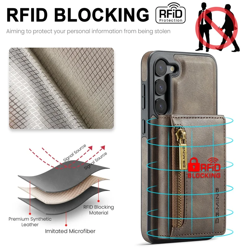 DG.MING M5 Series For Samsung Galaxy S23+ Case Detachable 2-in-1 Wallet Phone Cover - Coffee