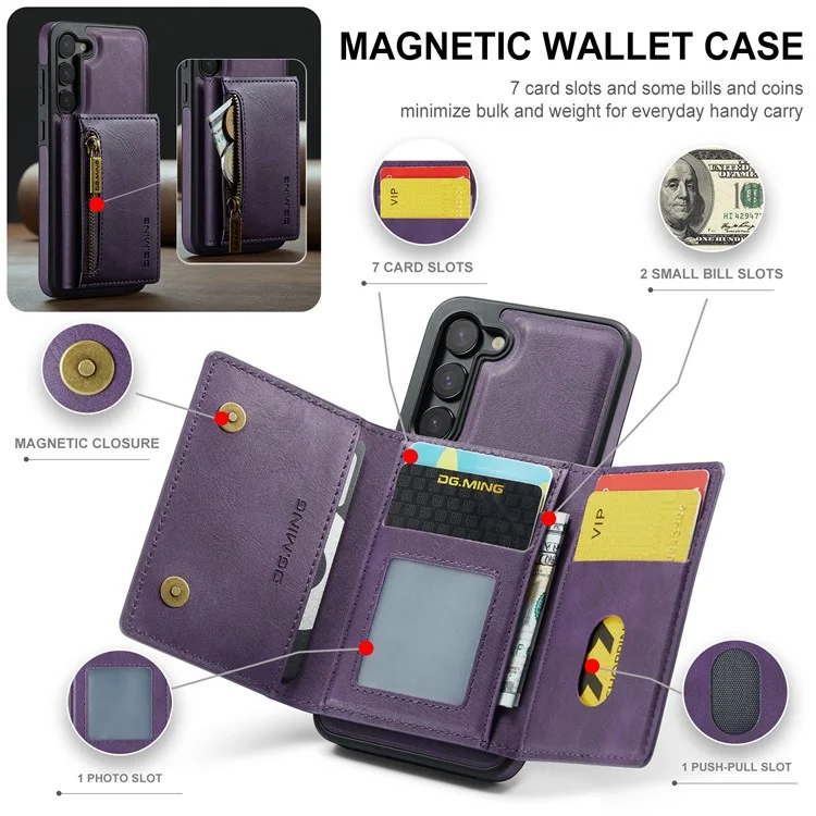 DG.MING M5 Series For Samsung Galaxy S23 Case Phone Cover with Detachable Wallet - Purple