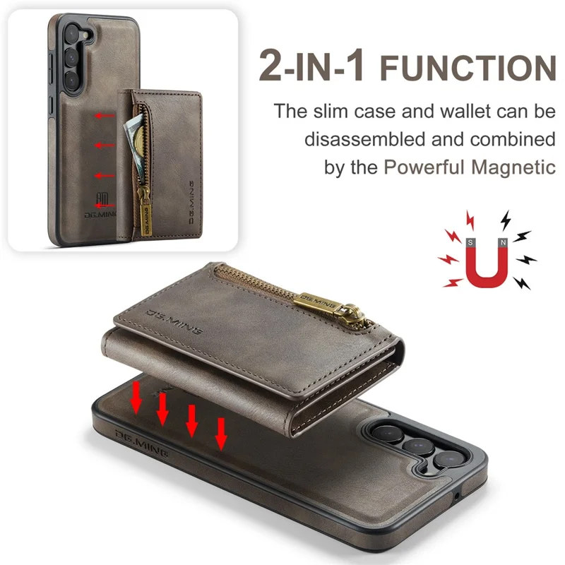 DG.MING M5 Series For Samsung Galaxy S23 Case Phone Cover with Detachable Wallet - Coffee
