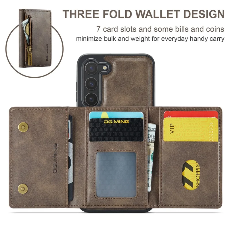 DG.MING M5 Series For Samsung Galaxy S23 Case Phone Cover with Detachable Wallet - Coffee