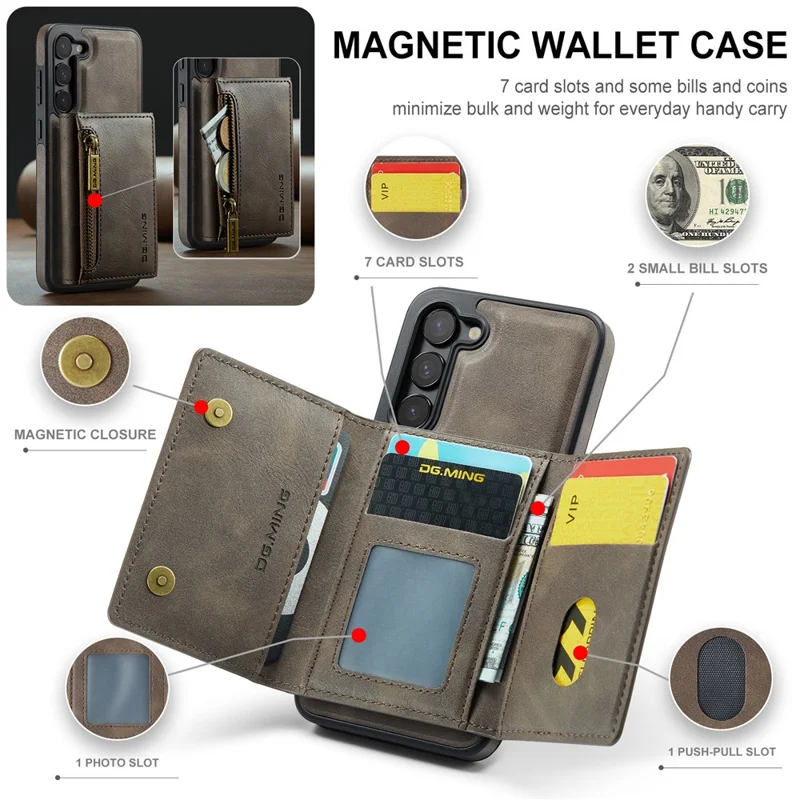 DG.MING M5 Series For Samsung Galaxy S23 Case Phone Cover with Detachable Wallet - Coffee