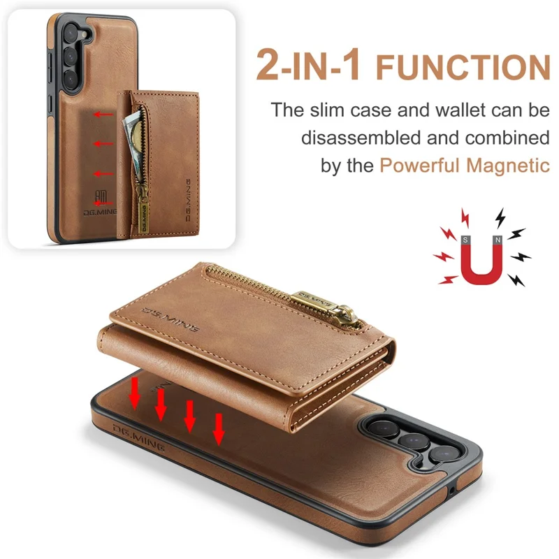 DG.MING M5 Series For Samsung Galaxy S23 Case Phone Cover with Detachable Wallet - Brown