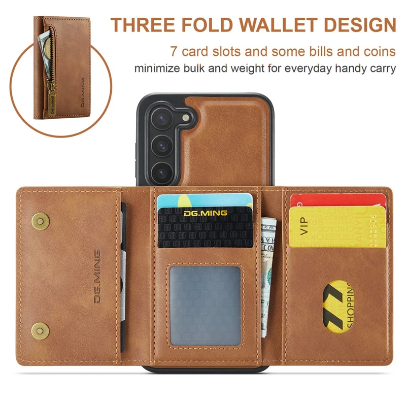 DG.MING M5 Series For Samsung Galaxy S23 Case Phone Cover with Detachable Wallet - Brown