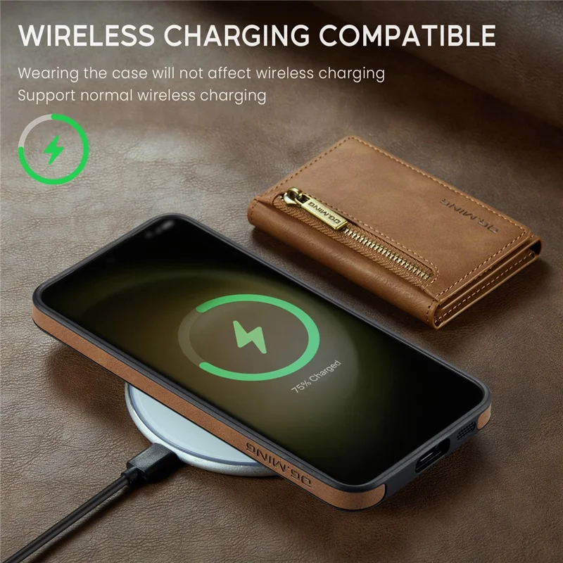 DG.MING M5 Series For Samsung Galaxy S23 Case Phone Cover with Detachable Wallet - Brown