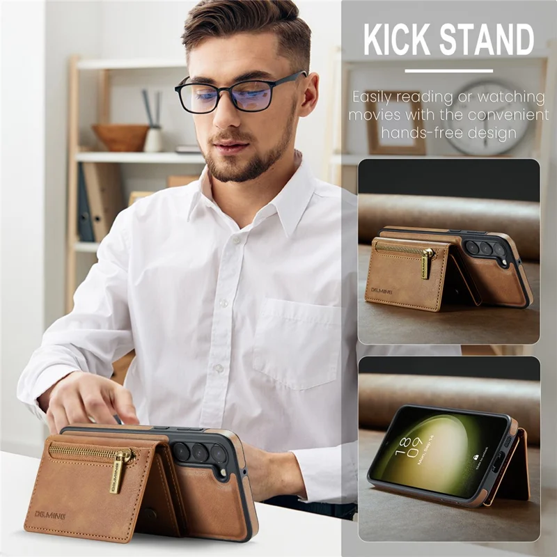 DG.MING M5 Series For Samsung Galaxy S23 Case Phone Cover with Detachable Wallet - Brown