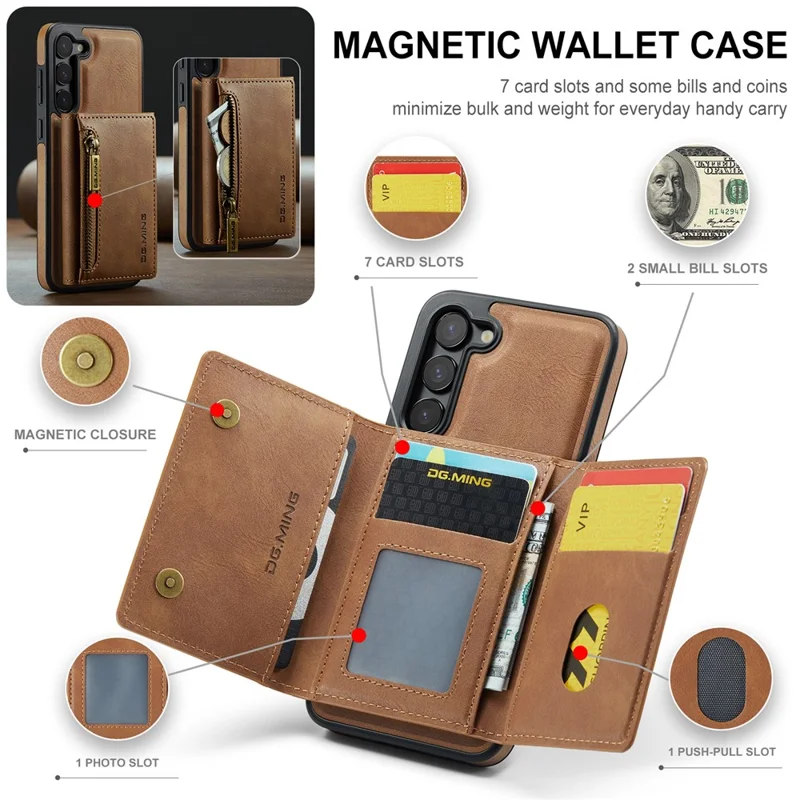 DG.MING M5 Series For Samsung Galaxy S23 Case Phone Cover with Detachable Wallet - Brown