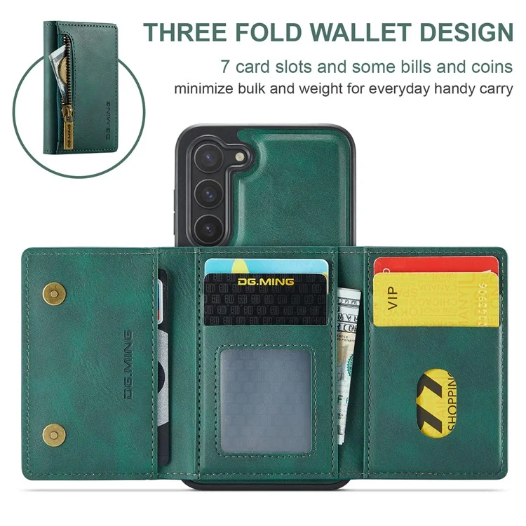 DG.MING M5 Series For Samsung Galaxy S22 5G Case Detachable Wallet Kickstand Phone Cover - Green