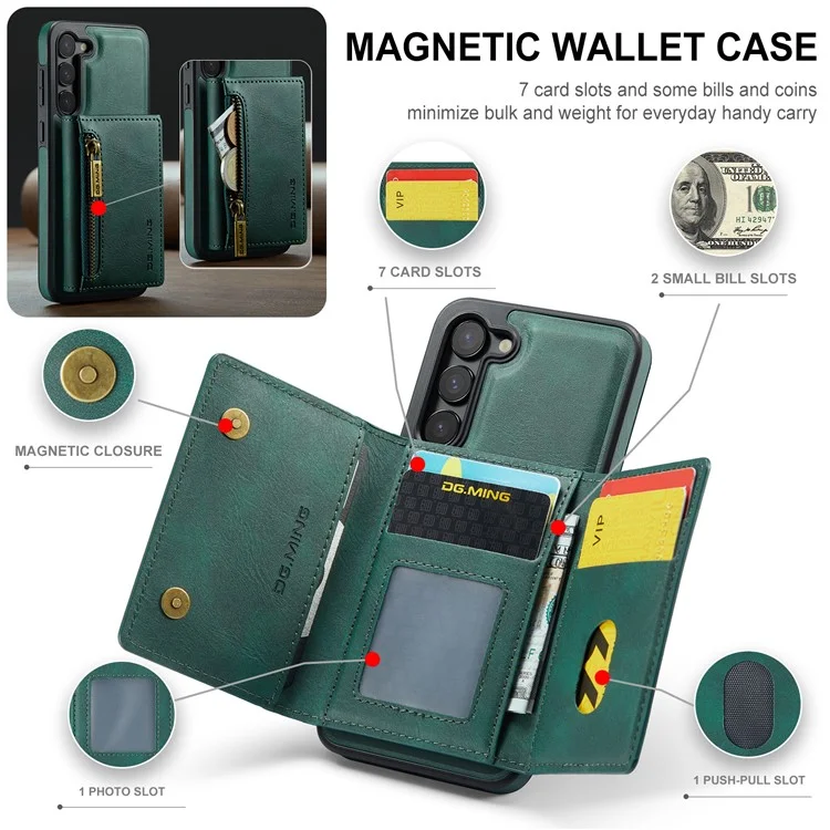 DG.MING M5 Series For Samsung Galaxy S22 5G Case Detachable Wallet Kickstand Phone Cover - Green