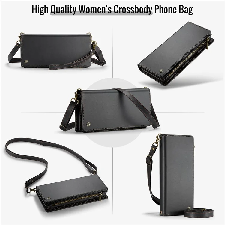 CASEME Me10 Crossbody Bag für 4.0-6.7'' Telefon Reißverschlussbrieftasche Geldbörsen Lederetui mit 12 Kartenfächern - Schwarz