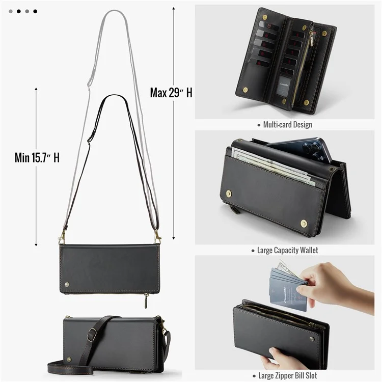 CASEME Me10 Crossbody Bag für 4.0-6.7'' Telefon Reißverschlussbrieftasche Geldbörsen Lederetui mit 12 Kartenfächern - Schwarz