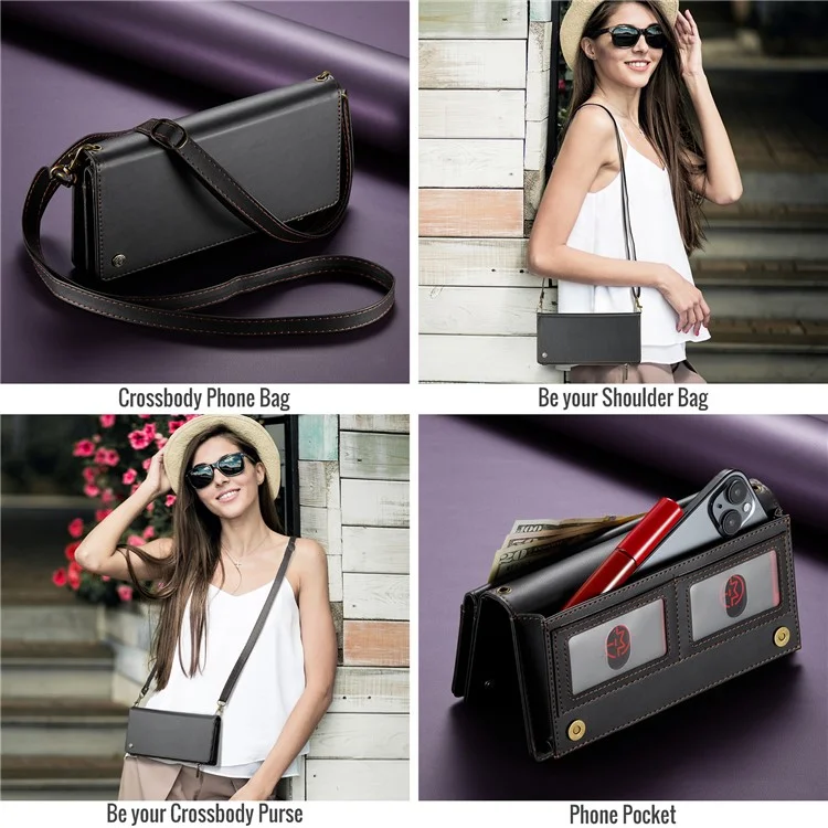 CASEME Me10 Crossbody Bag für 4.0-6.7'' Telefon Reißverschlussbrieftasche Geldbörsen Lederetui mit 12 Kartenfächern - Schwarz