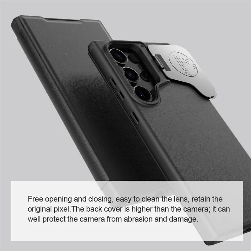 NILLKIN Qin Prop Series for Samsung Galaxy S24 Ultra Leather Case Camera Lid Kickstand Phone Cover - Litchi Texture / Black