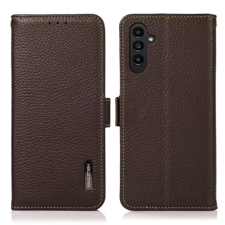KHAZNEH Pour Samsung Galaxy A25 5G (Global) (161,0 x 76,5 x 8,3 mm) Véritable Étui en Cuir de Vache Avec Support RFID Bloquant Flip Phone Cover - Marron