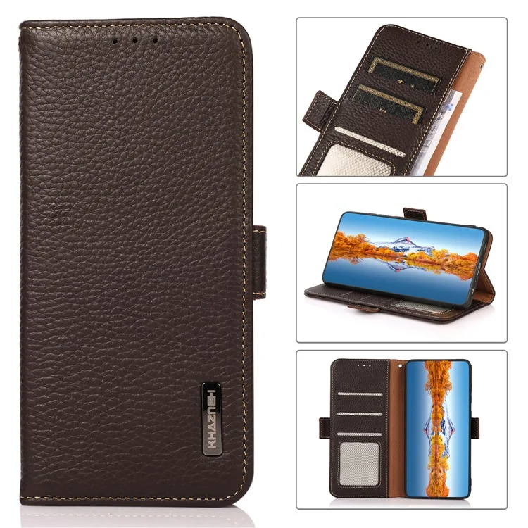 KHAZNEH Pour Samsung Galaxy A25 5G (Global) (161,0 x 76,5 x 8,3 mm) Véritable Étui en Cuir de Vache Avec Support RFID Bloquant Flip Phone Cover - Marron