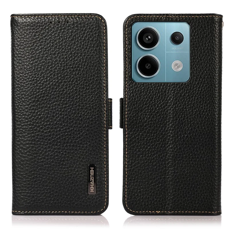 KHAZNEH For Xiaomi Redmi Note 13 5G / 13 5G (China) Phone Case RFID Blocking Genuine Cow Leather Cover - Black