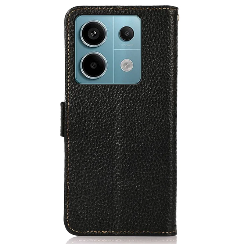 KHAZNEH For Xiaomi Redmi Note 13 5G / 13 5G (China) Phone Case RFID Blocking Genuine Cow Leather Cover - Black