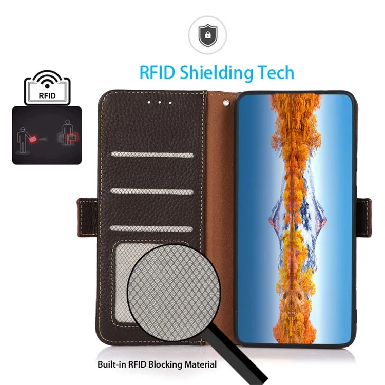 KHAZNEH Para Xiaomi Redmi Note 13 Pro+ 5G Wallet Phone Case RFID Blocking Stand View Cover - Marrom